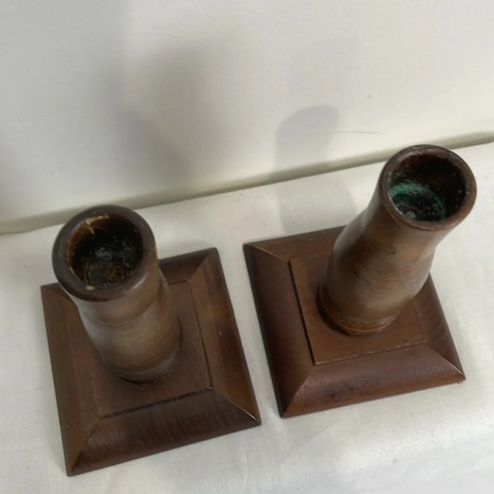 Vintage Wooden Candle Sticks Tapers Square Base Short Ardco Mid Century